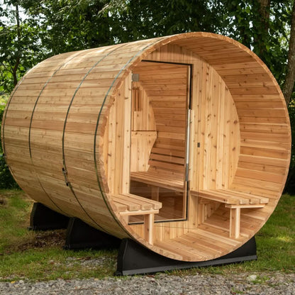 Almost Heaven 6′ x 5+2′ Fairmont 4-person Barrel Sauna