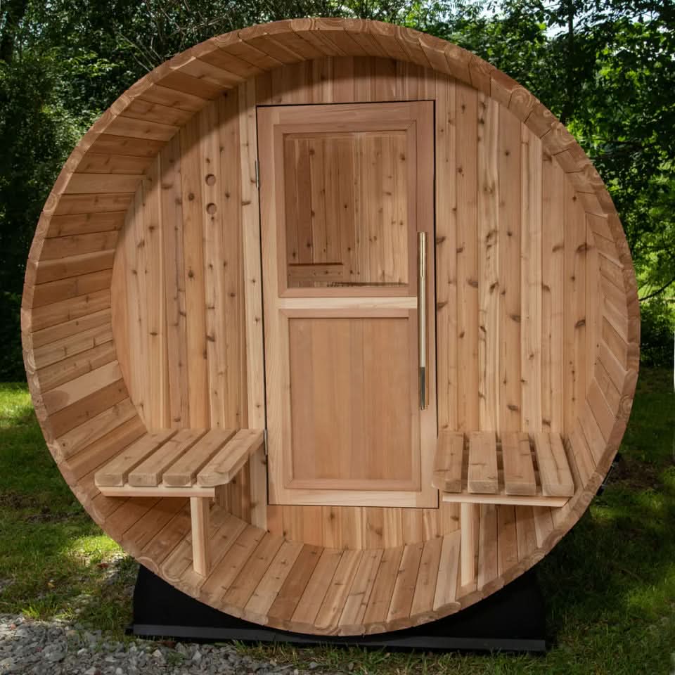 Almost Heaven 6′ x 5+2′ Fairmont 4-person Barrel Sauna