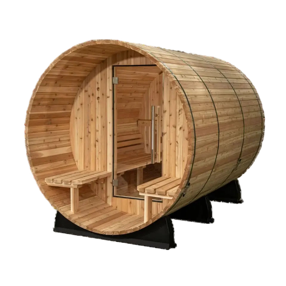 Almost Heaven 6′ x 5+2′ Fairmont 4-person Barrel Sauna